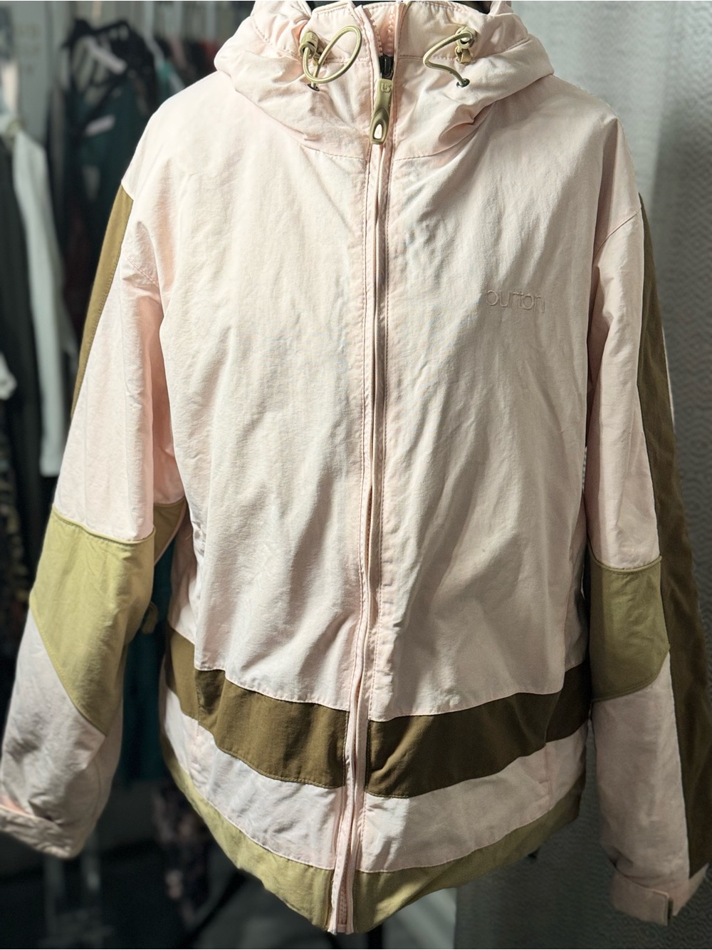 Burton Pale Pink and Olive Colorblock Hooded Bomber Jacket